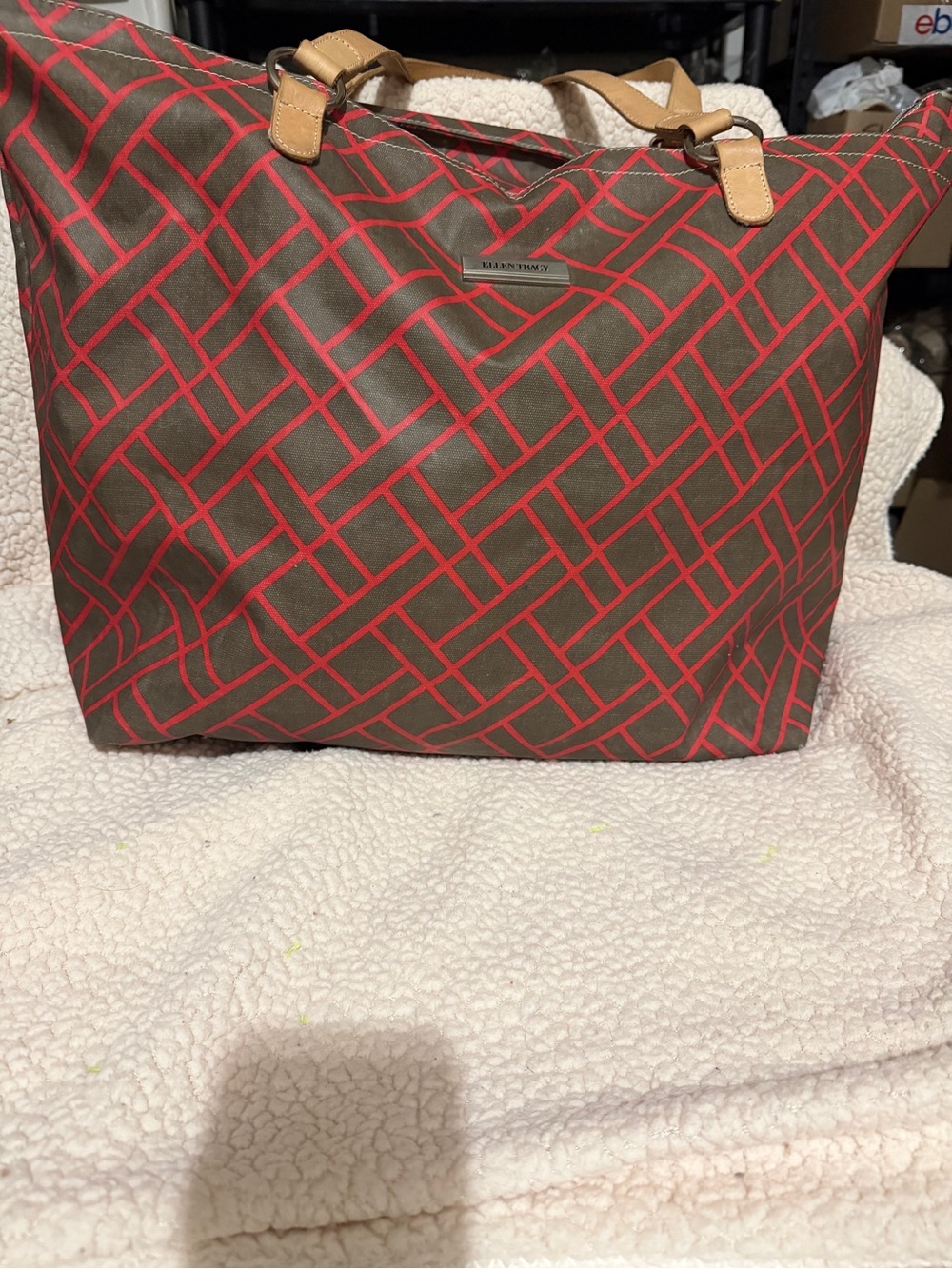 Ellen Tracy Brown Tote with Red Geometric Print and Tan Handles